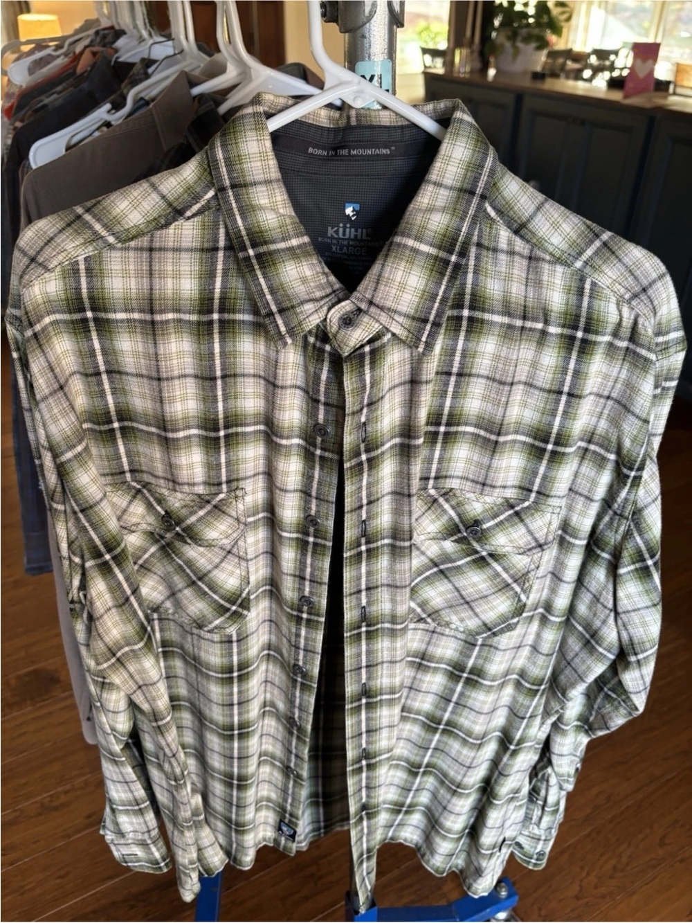 Kuhl Men's Olive Green and White Plaid Button-Down Shirt